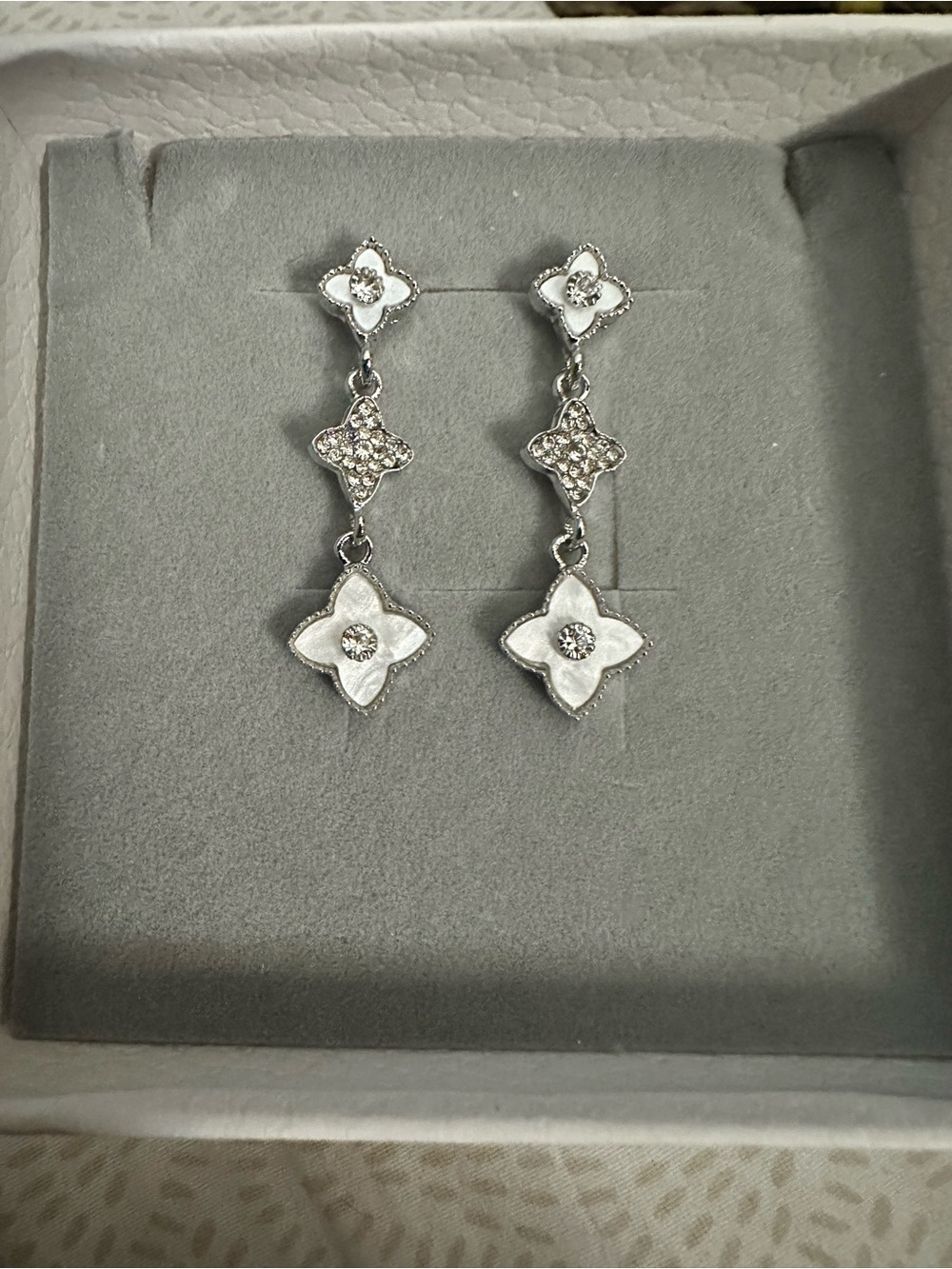 Stainless Steel White Floral & Rhinestone Drop Earrings